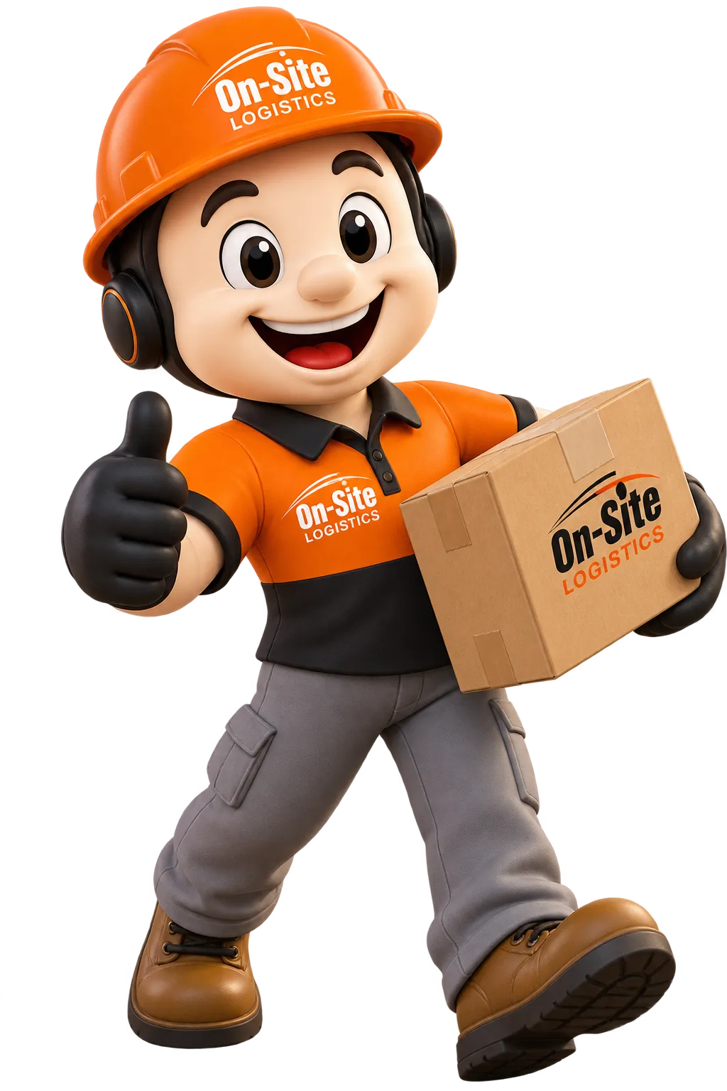 Ony, la mascota de On-Site Logistics, cargando una caja de paquetería