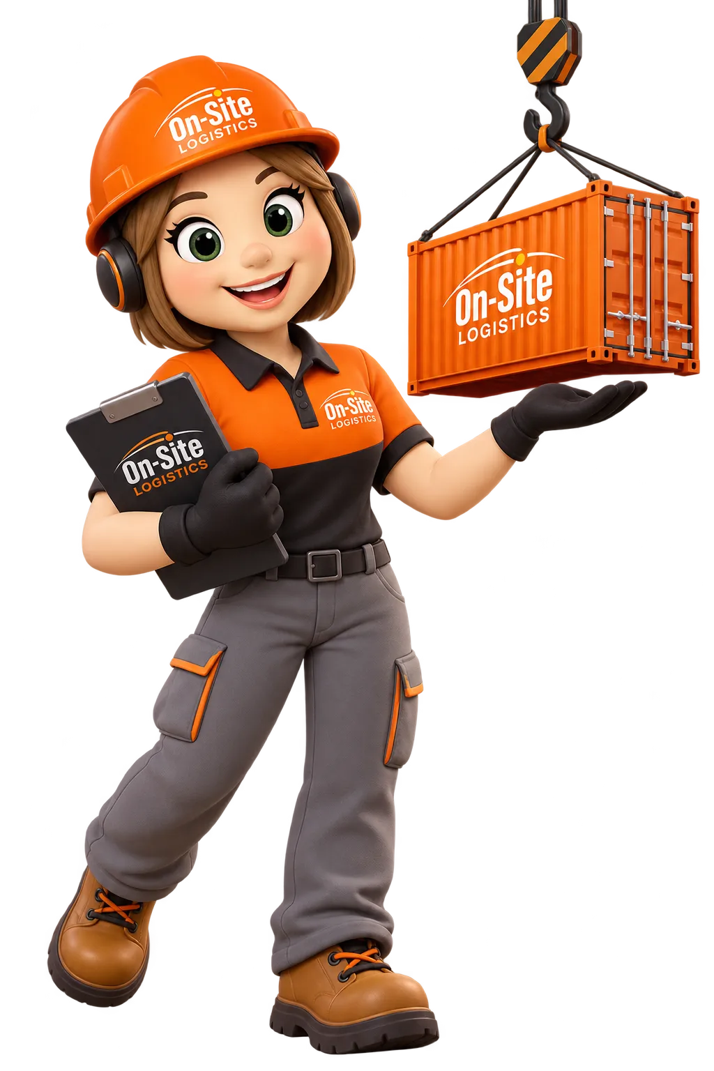 La mascota de On-Site Logistics junto a un contenedor naranja suspendido de un gancho de grúa