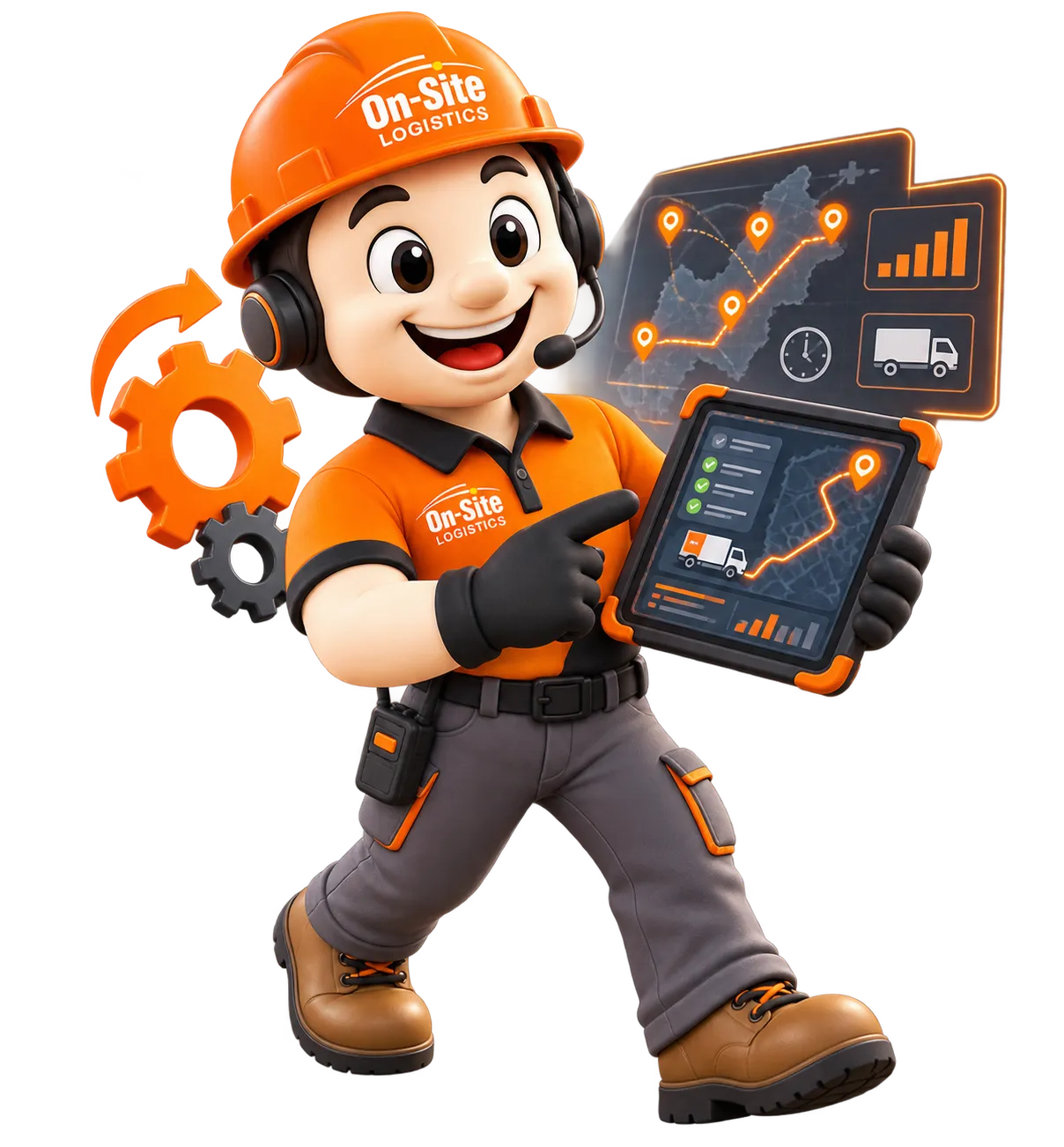Ony señalando una tableta con rutas optimizadas y tableros de seguimiento, junto a un par de engranajes