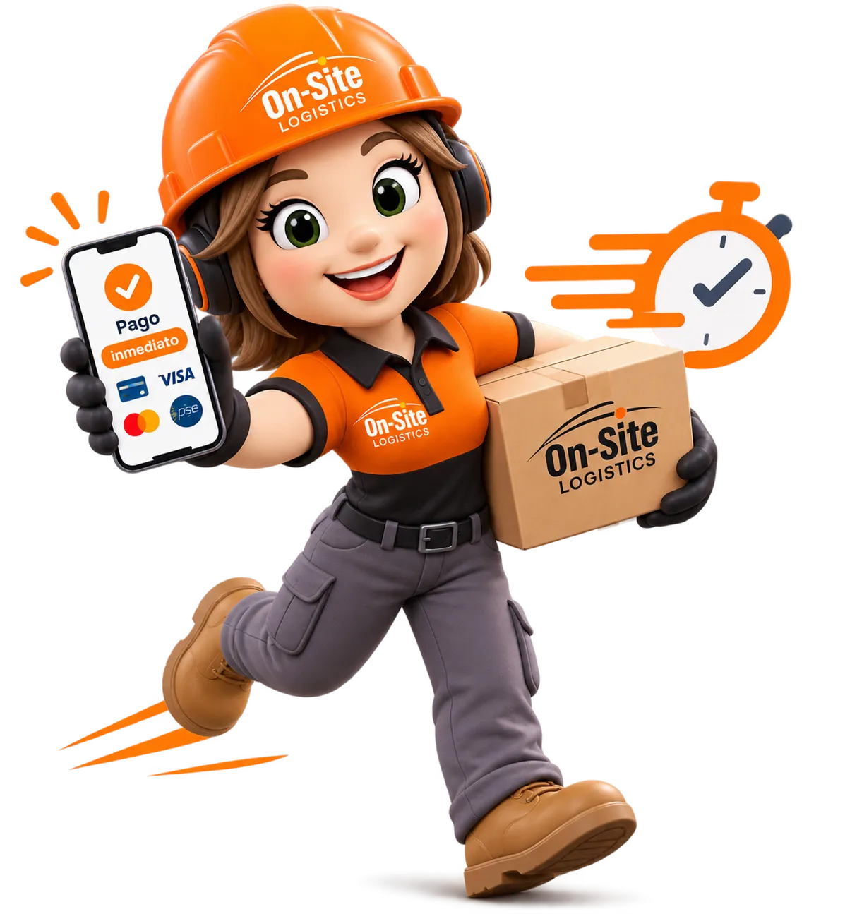 La mascota de On-Site Logistics corriendo con una caja y un celular que muestra un pago inmediato aprobado, junto a un cronómetro