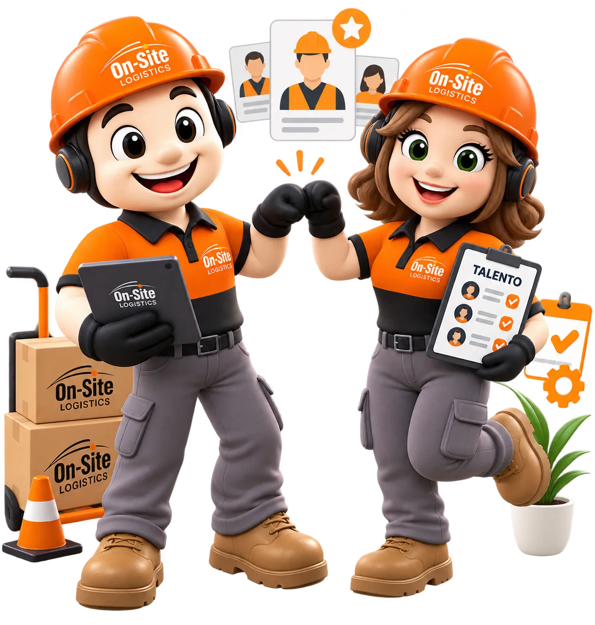 Dos integrantes del equipo de On-Site Logistics chocando los puños, con una planilla de talento y hojas de vida de personal