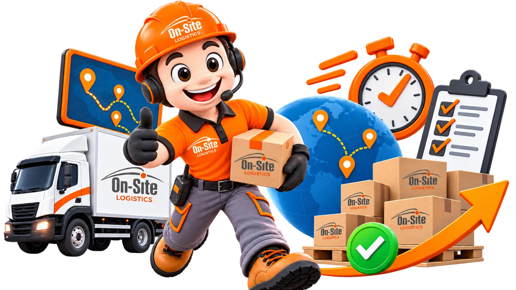 Ony, la mascota de On-Site Logistics, con el pulgar arriba y una caja en la mano, entre un camión de la flota, un globo con rutas, un cronómetro y una lista de chequeo