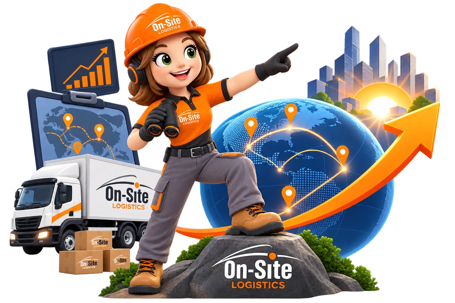 La mascota de On-Site Logistics de pie sobre una roca, señalando el horizonte con unos binoculares en la mano, junto a un globo de rutas conectadas, una ciudad al amanecer y una flecha en ascenso